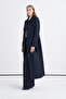 Long Navy Blue Jacket with Belt and Pocket Flaps Giy Çık 14008