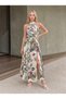 Women's Off-The-Shoulder Halter Neck Slit Floral Patterned Midi Dress - 2