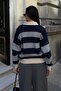 Women's Navy Blue Contrast Striped Polo Collar Relaxed Sweater - 8
