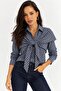 Women's Blue Plaid Patterned Long Sleeve Shirt with Tie Detail - 2