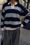 Women's Navy Blue Contrast Striped Polo Collar Relaxed Sweater - 7