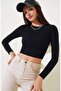 Black Long Sleeve Ribbed Crop Bodysuit - 2