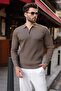 Light Brown Polo Collar Half Zipper Textured Men's Knitwear Sweater E7510