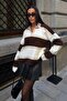 Women's Brown Striped Polo Collar Oversize Knit Sweater - 3