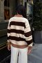 Women's Brown Contrast Striped Polo Collar Relaxed Sweater - 8