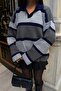 Women's Gray Striped Polo Collar Oversize Knitwear Sweater - 6