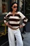 Women's Brown Contrast Striped Polo Collar Relaxed Sweater - 2