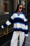 Women's Navy Blue Striped Polo Collar Oversize Knitwear Sweater - 3