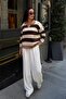 Women's Brown Contrast Striped Polo Collar Relaxed Sweater - 7