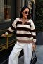 Women's Brown Contrast Striped Polo Collar Relaxed Sweater - 3