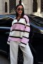 Women's Pink Striped Polo Neck Oversize Knitwear Sweater - 2