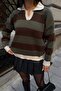 Women's Khaki Contrast Striped Polo Collar Relaxed Sweater - 6