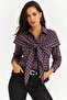 Women's Burgundy Plaid Patterned Long Sleeve Shirt with Tie Detail