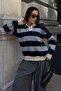 Women's Navy Blue Contrast Striped Polo Collar Relaxed Sweater