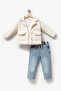 Girl's Lace Trimmed Plush Jacket, Printed Sweatshirt and Stone Detailed Wide-Leg Jeans 3-Piece Set 8302 Wnt