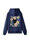 Women's Hooded Back and Front Cat Flowers Printed Navy Blue 2 Thread Raster Sweatshirt