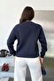 Women's Crew Neck Stopper Detailed Basic Sweatshirt Navy Blue - 27K 2716 - 5