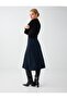 Navy Blue Midi Knitted Skirt with Stitching Detail and Elastic Waist - 3