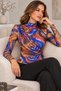 Women's Sax Blue Mixed Color Patterned Long Sleeve Gathered Detailed Lined Tulle Blouse - 2