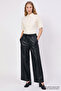 Faux Leather Wide Leg Regular Trousers with Elastic Waist - 5