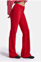 Women's Red Flare Fit Velvet Velvet Fabric Trousers - 2