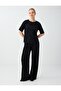 Black Pleated Detailed Round Neck Short Sleeve Velvet Blouse - 2