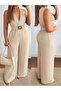 Women's Strappy Double-Breasted Collared Long Imported Crepe Jumpsuit with Belt Detail at the Waist - 2