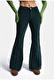 Women's Dark Green Flare Fit Smooth Textured Stretchy Velvet Fabric Trousers - 7