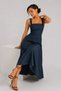 Women's Navy Blue Square Neck Strappy Waist Fitted Flared Midi Dress