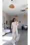 Beige Crew Neck Ribbed Top and Bottom Set - 2