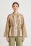 Beige Striped Striped Stand-Up Collar Lace-Up Wide Sleeve Oversize Blouse