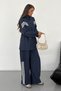 Women's High Neck Double Sport Set with Drawstring Waist and Zipper Ribbon Detail 9146 - Navy Blue - 3