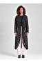 Women's Rose Patterned Waist Drawstring Wool Blend Long Cardigan Black Jacket