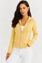 Women's Yellow Zippered Polo Collar Openwork Detailed Long Sleeve Knitwear Cardigan