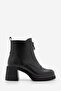 Women's Round Toe Zippered Stitched Detailed Thick Heeled Boots Merisin Black