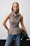 Manonette Women's Draped Collared Skirt with Flounces at the Hem Brown-Plaid Blouse