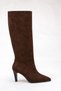 Women's Brown Suede Mid-Sewn Detailed Heeled Pointed Toe Below the Knee Boots