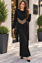 Timeless Elegance Women's Waist Detailed Geometric Patterned Long Sleeve Maxi Diver Dress