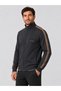 Men's Black Stand Collar Zippered Sweatshirt with Brown Stripe Detail - 4