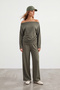 Women's Khaki Boat Neck Blouse and Pleated Front Wide Leg Pants Set Alc-X15721 - 4