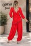 Buketli̇ Women's Padded Long Sleeve Blouse, Loose Trousers, Extra Tassel Shawl, 3-Piece Set - 8