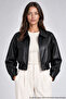 Women's Black Leather Jacket - Belt Detailed Crop Oversize Leather Jacket - 2