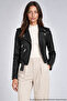 Women's Black Leather Jacket - Belt Detailed Zippered Crop Leather Jacket - 2