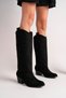 Rodeya Women's Black Suede Dual-Use Embroidery Detailed Long and Short Cowboy Boots 5 cm Thick Heeled Western Boots Bootie Boots - 4