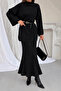 Women's Black Belted Long Sweater and Openwork Lined Long Skirt Bottom-Top Two-Piece Knitwear Set - 2