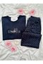Navy Blue Star Patterned French Velvet Pajama Set