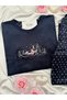 Navy Blue Star Patterned French Velvet Pajama Set - 5