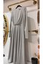 Silver Glitter Long Sleeve Evening Dress – Stone Detailed Waistline - 2