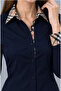 Navy Blue Cotton Satin Beige Brbry Collar Cuff Back Skirt Detailed Slim Fit Women's Shirt - 3