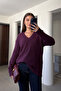 Oversize V-Neck Knit Sweater - Bordo - 4